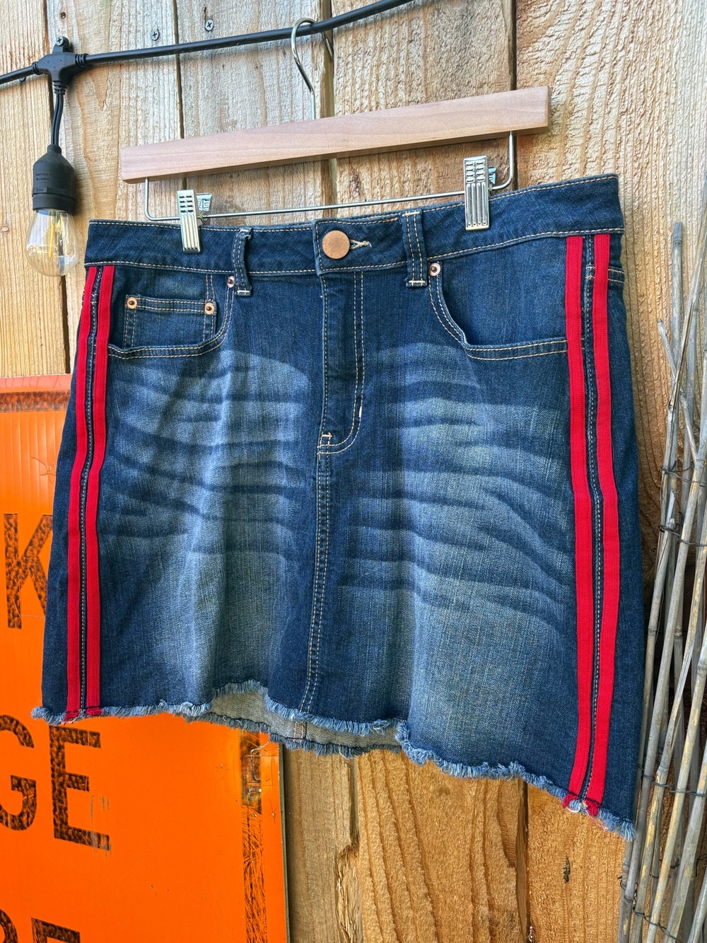 NOBO Dark Blue Denim Mini Skirt with Red Side Stripes